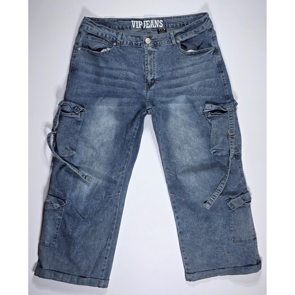 VIP Jeans Cargo Capris Medium Wash Denim Multi Pocket Cropped Pants Size 13/14